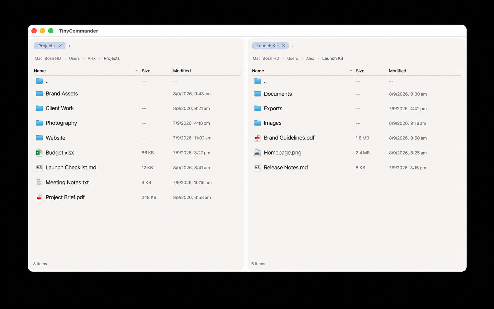 TinyCommander showing two file panes with tabs, breadcrumbs, file columns, and a command bar.
